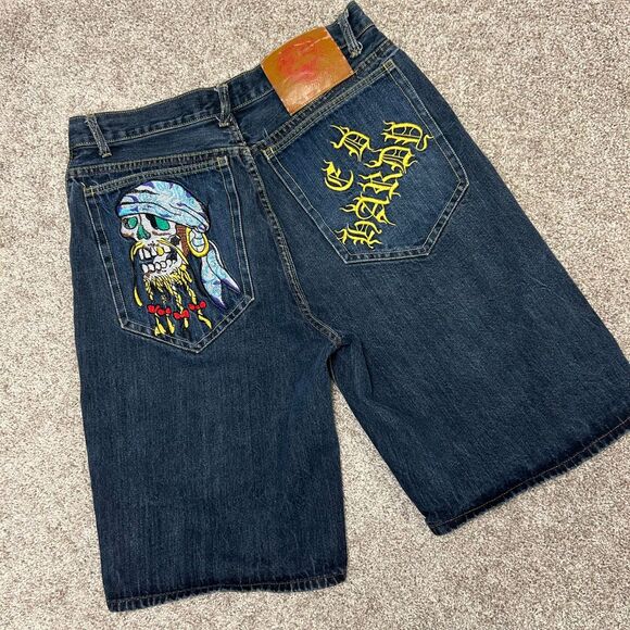 Ed Hardy Christian Audigier Denim Jean Shorts Selvedge Men Size 38 Skull (430)‎ - Picture 1 of 10